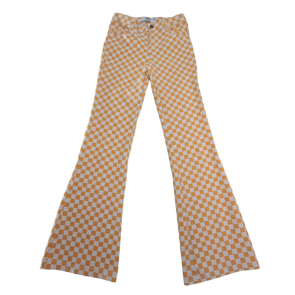 Hollister Flare Pants Women S Orange White Excellent High‎ Rise Checkerboard